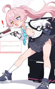 1girl ahoge beretta_1301 black_gloves blue_archive blue_eyes commentary_request fang fingerless_gloves gloves gun halo heterochromia highres holding holding_weapon hoshino_(blue_archive) long_hair long_sleeves mafunyo necktie nipples open_mouth pink_hair pink_halo plaid_clothes plaid_skirt pleated_skirt shirt shotgun skirt socks solo torn_clothes weapon white_shirt white_socks yellow_eyes