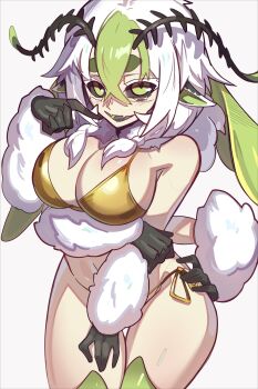 1girl absurdres antennae arthropod_girl bikini black_sclera black_tongue braid breasts cleavage colored_sclera extra_arms fangs gold_bikini green_eyes green_hair hair_between_eyes hand_on_own_hip highres indie_virtual_youtuber insect_girl insect_wings juniper_actias juniper_actias_(space_invader) large_breasts looking_at_viewer medium_hair monster_girl moth_antennae moth_girl moth_wings multicolored_hair nebura_(neburaart) pointy_ears short_twintails skin_fangs streaked_hair swimsuit thighs twin_braids twintails virtual_youtuber white_background white_hair wings