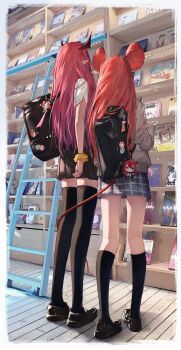 2girls absurdres alternate_costume animal_ears badge bag bag_charm black_horns black_shoes black_skirt black_socks black_thighhighs blue_skirt book bookshelf border button_badge cardigan character_doll charm_(object) doll facing_away from_behind grey_cardigan hakos_baelz hashtag-only_commentary height_difference highres hololive hololive_english horns irys_(hololive) kneehighs ladder loafers long_hair long_legs mouse_ears mouse_girl mouse_tail mr._squeaks_(hakos_baelz) multiple_girls plaid_clothes plaid_skirt pleated_skirt pointy_ears purple_hair red_hair school_bag school_uniform scrunchie shirt shoes short_sleeves skirt socks standing tail tail_around_another&#039;s_leg tail_wrap thighhighs very_long_hair virtual_youtuber white_border white_shirt wooden_floor wrist_scrunchie yellow_scrunchie yu_pian zettai_ryouiki