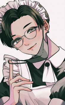 1boy apron ascot black_hair black_shirt blush closed_mouth collared_shirt commentary_request crossdressing crossdressing_(mtf) earrings frilled_apron frills glasses grey-framed_eyewear grey_eyes grey_mask highres jewelry looking_at_viewer maid male_focus male_maid maru_art_p mask mask_pull mouth_mask nose_blush original pink_lips shirt short_sleeves simple_background smile solo upper_body white_apron white_ascot white_background