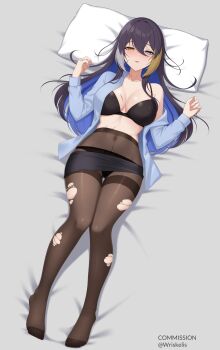 Rule 34 | absurdres, alina svard kovalenko (laotianaviator), breasts, heterochromia, highres, large breasts, long hair, lying, on back, open clothes, open shirt, panties, pantyhose, pencil skirt, scar, scar on face, skirt, torn clothes, torn pantyhose, underwear, wriskelis