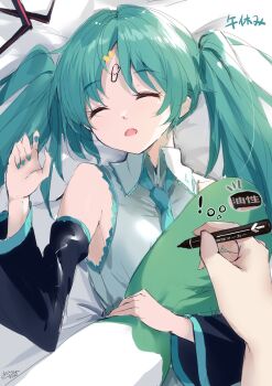 1girl 1other aqua_hair aqua_nails aqua_necktie asahi_kuroi closed_eyes collarbone collared_shirt detached_sleeves drawing_on_another&#039;s_face grey_shirt hatsune_miku highres holding holding_pen long_hair long_sleeves lying necktie on_back open_mouth pen pov pov_hands shirt sleeping sleeveless sleeveless_shirt spring_onion twintails very_long_hair vocaloid wide_sleeves
