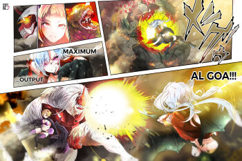 2girls absurdres akeno(itsnafulol) battle bear bikini bikini_top_only blonde_hair blood blue_hair breasts bruise capella_emerada_lugnica claws coughing coughing_blood debris dodging dragon_tail dragon_wings feathered_wings fighting fireball flesh_storage_bulbs glowing glowing_eyes gorilla highres horns injury magic medium_breasts monster multiple_girls panels pink_eyes punching re:zero_kara_hajimeru_isekai_seikatsu red_eyes red_fur sharp_teeth short_hair short_shorts shorts size_difference smile smoke steam swimsuit tail teeth torn_clothes twintails white_fur wings yondaime