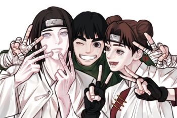 1girl 2boys arm_around_shoulder bandaged_hand bandages black_gloves black_hair black_headband blunt_bangs bodysuit bowl_cut brown_eyes brown_hair closed_mouth double_bun double_v fingerless_gloves gloves gon012607 green_bodysuit grey_eyes grin hair_bun headband hyuuga_neji jacket light_blush long_hair multiple_boys naruto_(series) no_pupils one_eye_closed open_mouth pale_skin parted_bangs rock_lee short_hair smile teeth tenten_(naruto) thick_eyebrows upper_body v white_background white_jacket