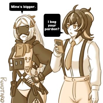 2girls artist_name blindfold_mask collared_shirt commentary covered_eyes cowboy_shot english_commentary english_text fingerless_gloves gloves hair_ornament highres holding holding_phone limited_palette long_hair long_sleeves looking_at_another mask multicolored_hair multiple_girls navel necktie open_mouth pants phone ponytail rukotaro shirt smile speech_bubble stomach streaked_hair suspenders tight_clothes tight_pants trigger_(zenless_zone_zero) white_shirt zenless_zone_zero zhu_yuan