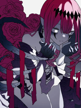 1girl baobhan_sith_(fate) baobhan_sith_(third_ascension)_(fate) black_panties earrings eyeshadow fate/grand_order fate_(series) flower fxrqzt grey_eyes highres jewelry long_hair makeup panties parted_lips pointy_ears red_flower red_hair red_rose rose solo torn_clothes underwear