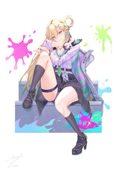 1girl absurdres black_shoes black_skirt black_socks blonde_hair blue_eyes breasts can cleavage commentary earrings full_body hair_ornament highres holding holding_can id_card jewelry knee_up long_hair looking_at_viewer lynae_(wuthering_waves) medium_breasts shirt shoes sitting skirt skull_hair_ornament socks solo spray_can star_(symbol) star_earrings thigh_strap white_background white_shirt wuthering_waves zing_(zingart)