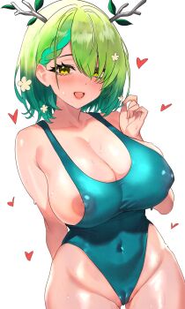 1girl anzhong areola_slip arm_behind_back bare_hips bare_shoulders blue_one-piece_swimsuit blush braid braided_bangs branch breasts cameltoe ceres_fauna cleavage collarbone covered_erect_nipples cowboy_shot flower gradient_hair green_hair hair_flower hair_ornament hair_over_one_eye hand_up heart highleg highleg_one-piece_swimsuit highres hololive hololive_english large_breasts looking_at_viewer medium_hair mole multicolored_hair nipple_slip nipples one-piece_swimsuit open_mouth simple_background smile solo swimsuit thigh_gap tree_horns virtual_youtuber white_background yellow_eyes