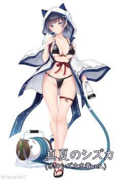 1girl bare_legs bikini black_bikini blue_eyes blue_hair breasts character_name choukou_(alicesoft) choukou_taisen_escalation_heroines cleavage collarbone hood hoodie hose jacket long_sleeves medium_breasts nanahara_fuyuki open_clothes open_jacket sandals sasakure_shizuka short_hair snowman swimsuit white_background