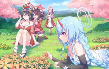 4girls alternate_costume animal_ears bare_shoulders black_eyes black_hair black_sandals black_skirt black_thighhighs blue_archive blue_flower blue_hair blue_halo blue_sky braid breasts bridal_gauntlets brown_hair cherry_blossoms chise_(blue_archive) cleavage closed_eyes closed_mouth cloud collarbone commentary_request convenient_leg day dress extra_ears flower flower_wreath frilled_sleeves frills gradient_horns grass hair_between_eyes halo head_wreath highres hood hood_down hoodie horns kaede_(blue_archive) kaoling kneeling large_breasts long_hair long_sleeves lying mimori_(blue_archive) mountain multicolored_horns multiple_girls on_grass on_ground on_stomach open_mouth orange_flower outdoors parted_lips pink_hair pink_halo pleated_skirt purple_flower raccoon_ears raccoon_girl red_dress red_eyes red_halo red_hoodie red_horns red_shoes sandals see-through_clothes see-through_sleeves shadow shoes short_hair short_sleeves sidelocks sitting skin-covered_horns skirt sky sleeveless sleeveless_dress small_breasts smile socks standing thighhighs tsubaki_(blue_archive) twin_braids white_dress white_flower white_socks yellow_flower