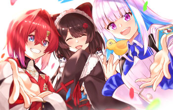3girls :d ^_^ absurdres ange_katrina ange_katrina_(1st_costume) animal animal_ears animal_hair_ornament animal_on_shoulder armband beckoning bird bird_on_shoulder blue_armband blue_eyes blue_hair blue_neckerchief blush breasts brown_hair brown_kimono cardigan closed_eyes collared_shrug colored_inner_hair commentary_request crossed_bangs dog_ears dog_girl double-parted_bangs dutch_angle fangs flower grin group_picture hair_between_eyes hair_flower hair_intakes hair_ornament hands_up highres inui_toko inui_toko_(1st_costume) japanese_clothes kimono laughing lize_helesta lize_helesta_(1st_costume) long_bangs long_hair long_sleeves looking_at_viewer maid_headdress medium_hair monocle multicolored_eyes multicolored_hair multiple_girls neckerchief nijisanji open_mouth purple_eyes red_cardigan red_hair sanbaka_(nijisanji) sebastian_piyodore shirt shirt_tucked_in shrug_(clothing) sidelocks sleeves_past_wrists small_breasts smile streaked_hair swept_bangs teeth triangle_hair_ornament two-tone_eyes two-tone_hair upper_body upper_teeth_only viet_(yomi0556) virtual_youtuber white_background white_hair white_headdress white_shirt white_shrug yellow_bird