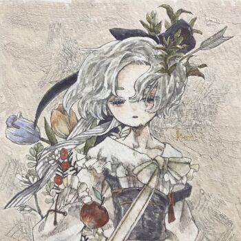 Rule 34 | 1girl, acrylic paint (medium), apple, arrow (projectile), asymmetrical bangs, bare shoulders, black bow, black ribbon, bow, commentary request, dress, expressionless, flower, food, fruit, grey eyes, hair ornament, highres, karintoun, leaf, long sleeves, looking at viewer, open mouth, original, painting (medium), parted bangs, plant, ribbon, short hair, signature, straight-on, traditional media, tulip, upper body, watercolor (medium), wavy hair, white hair