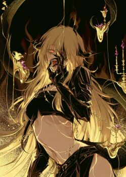 1girl absurdly_long_hair absurdres blonde_hair claws commentary cowboy_shot fellatio_gesture fingernails highres horns long_hair looking_at_viewer midriff mitsukyou orange_eyes path_to_nowhere sharp_fingernails sharp_teeth solo standing symbol-only_commentary synex_(path_to_nowhere) tail teeth tongue tongue_out very_long_hair