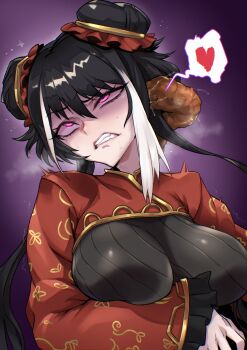 1girl black_dress black_hair blush breasts chinese_clothes clenched_teeth commentary double_bun dress drooling english_commentary floral_print frilled_sleeves frills hair_bun heart highres jia_xichun_(project_moon) large_breasts limbus_company long_hair long_sleeves multicolored_hair pink_eyes project_moon purple_background red_shrug red_sleeves rolling_eyes shrug_(clothing) simple_background solo streaked_hair sweat teeth tresmarrow twintails twitching white_streaks worm