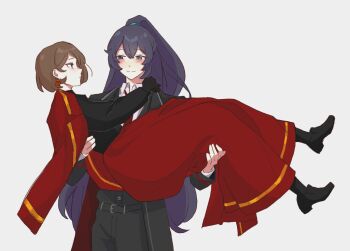 1boy 1girl aqua_eyes artist_self-insert black_coat black_eyes black_hair black_pants blush carrying closed_mouth coat coat_on_shoulders cosplay couple dante_(limbus_company) dante_(limbus_company)_(cosplay) hetero heterochromia high_ponytail highres hong_lu_(project_moon) limbus_company long_hair long_skirt oc_x_canon original pants past_desiderium ponytail princess_carry project_moon red_coat red_skirt skirt smile very_long_hair wing_collar