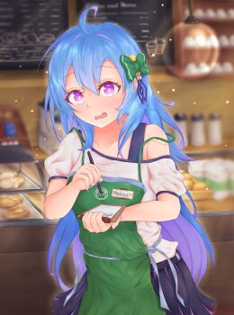1girl absurdres alternate_costume apron azur_lane blue_hair blue_nails blurry blurry_background bow character_name green_apron green_bow hair_bow helena_(azur_lane) highres holding holding_pen iced_latte_with_breast_milk_(meme) indoors kyl490 long_hair looking_at_viewer meme multicolored_hair nail_polish notepad pen purple_eyes purple_hair purple_skirt shirt short_sleeves skirt standing two-tone_hair white_shirt