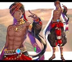 Rule 34 | 1boy, abs, akirannu, arm at side, black footwear, black hair, black pants, black sleeves, blue gemstone, closed mouth, dark-skinned male, dark skin, detached sleeves, drop shadow, facial tattoo, full body, gem, gold necklace, green gemstone, hand up, highres, jewelry, leg tattoo, letterboxed, long hair, long sleeves, looking at viewer, male focus, neck tattoo, necklace, one eye covered, orange gemstone, original, pants, ponytail, puffy pants, red gemstone, red sash, sandals, sash, shoulder tattoo, single sleeve, smile, solo, standing, stomach tattoo, tattoo, very long hair, yellow eyes, yellow gemstone, zoom layer