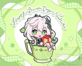 1girl b_bmvp commentary_request cross-shaped_pupils cup full_body genshin_impact gift green_background green_eyes green_hair hair_between_eyes hair_ornament happy_birthday holding holding_gift in_container in_cup leaf_hair_ornament long_hair looking_at_viewer multicolored_hair nahida_(genshin_impact) open_mouth pointy_ears side_ponytail solo symbol-shaped_pupils watermark white_hair