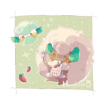 :3 animal_focus artist_name blush border cake commentary_request cottonee dark_skin evolutionary_line floating food fork fruit gen_5_pokemon green_background hanabusaoekaki holding holding_fork holding_plate nintendo no_humans orange_eyes plate pokemon pokemon_(creature) solid_oval_eyes sparkle strawberry whimsicott white_border white_hair