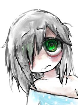 Rule 34 | 1girl, bags under eyes, closed mouth, collarbone, green eyes, grey hair, hair over one eye, highres, looking at viewer, mentha (menthalovely), mint (menthalovely), off-shoulder shirt, off shoulder, original, polka dot, polka dot shirt, shirt, short hair, simple background, solo, wavy mouth, white background