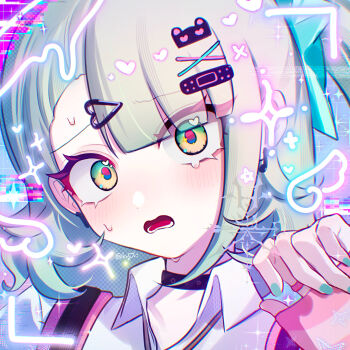 1girl absurdres ama_some_(kr0ri) aqua_nails bandaid bandaid_hair_ornament black_choker blue_background blush chinatsu_remiel choker commentary_request earrings green_eyes hair_ornament hand_up heart heart_hair_ornament heart_in_eye highres jewelry looking_at_viewer multiple_hair_clips musical_note_earrings open_mouth pink_arm_warmers pink_bag portrait purple_background shirt solo sparkle star_(symbol) striped_arm_warmers sweat symbol_in_eye tearing_up two-tone_background white_shirt zenless_zone_zero