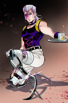 1boy anzumame blade blood cup drinking_glass earrings eyepatch flattop fusion gazelle_(kingsman) gradient_background grey_hair jean_pierre_polnareff jewelry jojo_no_kimyou_na_bouken kingsman:_the_secret_service male_focus no_eyebrows parody prosthesis prosthetic_leg shadow solo tray vento_aureo wine_glass wristband