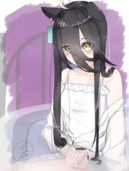 1girl ahoge animal_ears artist_name bare_shoulders blush breasts camisole coffee collarbone cup ear_ornament ear_tag earrings hair_between_eyes highres holding holding_cup horse_ears horse_girl jacket jewelry long_hair_between_eyes long_sleeves looking_at_viewer manhattan_cafe_(umamusume) mouth_visible_through_hair mug multicolored_hair off_shoulder sango0707315 see-through_clothes see-through_jacket single_earring small_breasts solo umamusume white_camisole white_hair yellow_eyes