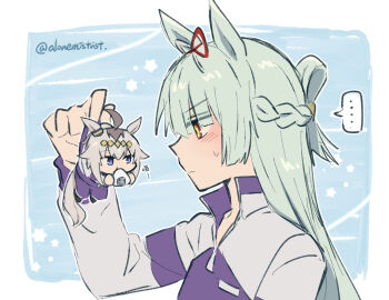 2girls alonemistrist animal_ears blue_hair blue_sky commentary_request eating food fujimasa_march_(umamusume) furrowed_brow grey_hair gym_uniform hair_between_eyes hand_on_another&#039;s_shoulder holding holding_mini_person horse_ears horse_girl horse_tail jacket kasamatsu_tracen_training_uniform light_blush long_hair long_sleeves mini_person multicolored_hair multiple_girls oguri_cap_(umamusume) onigiri pants sky tail track_jacket track_pants track_suit track_uniform umamusume umamusume:_cinderella_gray