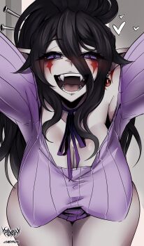 1girl absurdres black_hair breasts cleavage commentary cowboy_shot curvy english_commentary facial_mark fangs hair_between_eyes half-closed_eyes heart highres incoming_hug large_breasts leaning_forward long_hair looking_at_viewer open_mouth original pointy_breasts pointy_ears purple_eyes purple_sweater smile solo st41nn sweater wide_hips