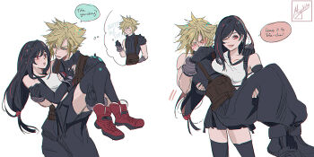 1boy 1girl armor baggy_pants bare_shoulders bike_shorts_under_skirt black_gloves black_hair black_skirt black_thighhighs blonde_hair blue_pants blush boots breast_press breasts carrying cloud_strife commentary cowboy_shot crop_top embarrassed english_commentary english_text final_fantasy final_fantasy_vii final_fantasy_vii_remake fingerless_gloves gloves large_breasts long_hair looking_at_another low-tied_long_hair miniskirt miyukiko multiple_views pants princess_carry red_boots red_eyes short_hair shoulder_armor signature simple_background skirt sleeveless sleeveless_turtleneck speech_bubble spiked_hair sweater tank_top thighhighs thought_bubble tifa_lockhart turtleneck turtleneck_sweater white_background white_tank_top zettai_ryouiki