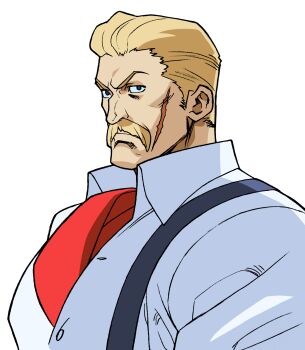 Rule 34 | 1boy, ascot, bengus, blonde hair, blue eyes, buttons, close-up, collared shirt, eagle (street fighter), facial hair, from side, game cg, gloves, highres, looking to the side, male focus, mustache, non-web source, official art, portrait, red ascot, scar, scar on face, shirt, short hair, simple background, solo, stick, street fighter, street fighter zero (series), suspenders, white background, white gloves, white shirt