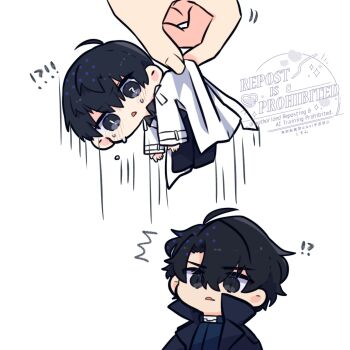 !? 1other 2boys black_coat black_eyes black_hair black_shirt coat collared_shirt commentary double-parted_bangs hair_between_eyes highres kim_dokja kimidori_22 lifting_mini_person male_focus mini_person miniboy motion_lines multiple_boys omniscient_reader&#039;s_viewpoint open_clothes open_coat out_of_frame popped_collar shirt short_hair symbol-only_commentary tears white_coat yoo_joonghyuk