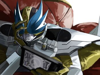 Rule 34 | 1boy, armor, bodysuit, couch, hand on own cheek, hand on own face, hand over face, helmet, highres, kamen rider, kamen rider den-o, kamen rider den-o (series), lying, male focus, mask, masked, masked male, momokan 0814, on stomach, sieg, white armor, wings, yellow bodysuit