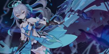 1girl armor armored_dress bare_shoulders blue_dress breasts bronya_zaychik bronya_zaychik_(herrscher_of_truth) bug butterfly chinese_commentary cleavage commentary_request dress drill_hair gloves grey_eyes grey_hair halo highres holding holding_polearm holding_weapon honkai_(series) honkai_impact_3rd insect long_hair night night_sky outdoors polearm siro_jun sky small_breasts smile solo star_(sky) starry_sky thighhighs very_long_hair weapon white_gloves white_thighhighs