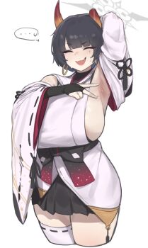 1girl :d ^_^ absurdres armpits black_hair black_skirt blue_archive breasts bridal_gauntlets closed_eyes commentary detached_sleeves earrings grey_halo halo highres hoop_earrings horns huge_breasts japanese_clothes jewelry kimono minishell mole mole_under_eye niya_(blue_archive) open_mouth orange_horns presenting_armpit short_hair simple_background single_thighhigh skirt smile solo thighhighs thighs white_background white_kimono white_sleeves white_thighhighs wide_sleeves