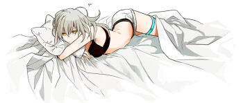 1girl alternate_costume bare_shoulders black_bra blanket bra breasts closed_mouth commentary_request fingernails grey_hair hair_between_eyes honkai:_star_rail honkai_(series) hugging_object long_hair lying medium_breasts on_bed on_stomach pillow pillow_hug shorts simple_background solo stelle_(honkai:_star_rail) thigh_strap trailblazer_(honkai:_star_rail) underwear user_ysfe5483 white_background white_shorts yellow_eyes