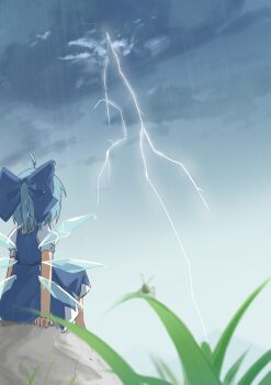 Rule 34 | 1girl, absurdres, blue bow, blue dress, blue hair, blurry, bow, chinese commentary, cirno, cloud, cloudy sky, commentary request, depth of field, detached wings, dress, facing away, from behind, grass, hair bow, highres, ice, ice wings, lbcirno9, lightning, outdoors, pinafore dress, puffy short sleeves, puffy sleeves, rain, shirt, short sleeves, sitting, sky, sleeveless, sleeveless dress, solo, touhou, white shirt, wings