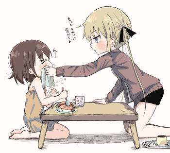 &gt;_&lt; 2girls absurdres aged_down animal_print bad_id bad_pixiv_id black_skirt blonde_hair blue_eyes blush brown_hair child closed_eyes cup dessert dress eating food from_side hair_ribbon hanabi_(yuruneko0624) highres kill_me_baby kneeling long_hair long_sleeves medium_hair mug multiple_girls napkin omelet omurice oribe_yasuna pudding rabbit_print ribbon seiza sitting skirt sonya_(kill_me_baby) spoon sweater table twintails wiping_face yellow_dress