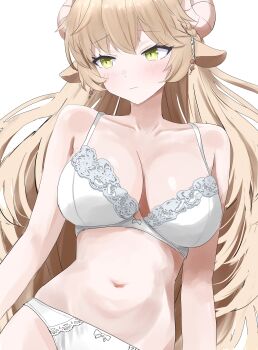 Rule 34 | 1girl, absurdres, animal ears, arms at sides, blonde hair, bow, bow bra, bow panties, bra, breasts, choppy bangs, closed mouth, commentary request, cowboy shot, drill3679, earrings, highres, horns, jewelry, lara (maplestory), large breasts, light blush, lingerie, long hair, maplestory, navel, panties, raised inner eyebrows, simple background, solo, stomach, underwear, underwear only, very long hair, white background, white bra, white panties, yellow eyes