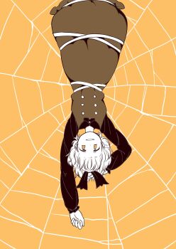 1girl absurdres bow brown_dress commentary_request dress hair_bow highres kurodani_yamame long_sleeves looking_at_viewer oninamako orange_background silk solo spider_web touhou upside-down