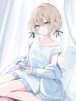 1girl absurdres blonde_hair blue_eyes blue_shorts blush closed_mouth colored_inner_hair controller curtains double-parted_bangs feet_out_of_frame game_controller hair_between_eyes haruta_333_x highres holding holding_controller holding_game_controller jacket jacket_partially_removed light_smile looking_at_viewer loungewear low_twintails multicolored_hair off_shoulder original print_shirt purple_eyes shirt short_hair short_twintails shorts smile solo t-shirt twintails white_jacket white_shirt