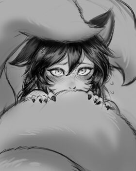 1girl absurdres ahri_(league_of_legends) animal_ears blush facial_mark fingernails fox_ears fox_tail greyscale hair_between_eyes highres league_of_legends long_hair looking_at_viewer monochrome ricefarmer272 sharp_fingernails solo tail