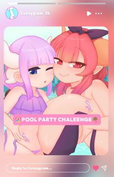2girls belly bikini black_bikini black_ribbon blue_eyes blush breasts dot_nose dragon_girl dragon_horns expressionless eyebrows_hidden_by_hair face-to-face female_focus flat_chest from_side grabbing_own_breast hair_between_eyes half-closed_eyes horns huge_breasts ilulu_(maidragon) instagram kanna_kamui kobayashi-san_chi_no_maidragon loli looking_at_viewer looking_to_the_side low_twintails matching_hair/eyes multiple_girls naughty_face one_eye_closed open_mouth oscarlllll outdoors pink_hair plump pointy_ears purple_bikini red_eyes red_hair ribbon shortstack size_difference smile swimsuit tattoo twintails untied_bikini_top upper_body wavy_mouth
