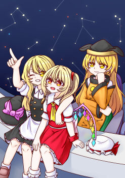 Rule 34 | 3girls, absurdres, apron, arm around shoulder, ascot, back bow, black hat, black skirt, black vest, blonde hair, bow, brown shoes, closed mouth, collared shirt, commentary, constellation, constellation print, crystal, crystal wings, detached sleeves, eroelu, fang, flandre scarlet, frilled shirt collar, frilled skirt, frills, green skirt, grin, hat, hat bow, highres, kirisame marisa, long hair, long sleeves, matara okina, missing headwear, multicolored wings, multiple girls, night, one eye closed, one side up, open mouth, orange sleeves, orange tabard, pointing, pointy ears, puffy short sleeves, puffy sleeves, purple bow, red eyes, red skirt, red vest, shirt, shoes, short sleeves, sitting, skirt, skirt set, sky, smile, socks, sun print, tabard, touhou, unworn headwear, vest, waist apron, white apron, white bow, white hat, white shirt, white socks, wide sleeves, wings, witch hat, yellow ascot, yellow eyes