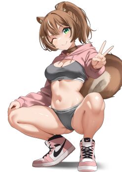 1girl ;) absurdres air_jordan_1 animal_ears ayunda_risu bra breasts brown_hair calvin_klein cleavage closed_mouth commentary english_commentary full_body green_eyes grey_bra grey_panties hair_ornament hairclip high_tops highres hololive hololive_indonesia hooded_shrug looking_at_viewer medium_breasts multicolored_hair navel nike_(company) one_eye_closed panties pink_shrug ponytail raikkonen revision shoes short_hair shrug_(clothing) simple_background smile sneakers solo squatting squirrel_ears squirrel_girl squirrel_tail stomach streaked_hair tail underwear v virtual_youtuber white_background white_hair