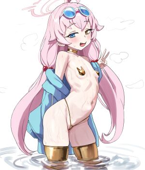 1girl absurdres ahoge bikini blue_archive blush breasts cinn_angl collar covered_erect_nipples fang female_focus gold_bikini gold_thighhighs golden_pasties golden_week hair_ornament halo heterochromia highres hoshino_(blue_archive) hoshino_(swimsuit)_(blue_archive) legs loli long_hair long_twintails looking_at_viewer micro_bikini navel pasties small_breasts smile solo standing stomach sunglasses sweat swimsuit thighs thong twintails v water wet white_background