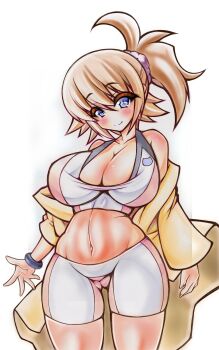 1girl bike_shorts black_shorts black_sports_bra blue_eyes blush breasts brown_hair cleavage collarbone cowboy_shot gundam gundam_build_fighters gundam_build_fighters_try hair_ornament hair_scrunchie highres hoshino_fumina jacket large_breasts looking_at_viewer midriff multicolored_shorts multicolored_sports_bra navel open_clothes open_jacket pink_scrunchie pink_shorts pink_sports_bra ponytail scrunchie shorts sidelocks simple_background smile solo sports_bra standing stomach white_background white_shorts wristband yellow_jacket yutakasan-love
