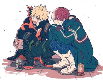 2boys bakugou_katsuki bandaid bandaid_on_cheek bandaid_on_face black_boots black_jacket black_pants blonde_hair blue_eyes blue_pants boku_no_hero_academia boots can closed_mouth coat coffee drink_can furrowed_brow green_coat hair_between_eyes head_on_hand jacket long_coat male_focus milk multicolored_hair multiple_boys open_mouth pants red_eyes red_hair scar scar_across_eye scar_on_face short_hair siixxbt spiked_hair squatting superhero_costume todoroki_shoto two-tone_hair white_background white_boots white_hair