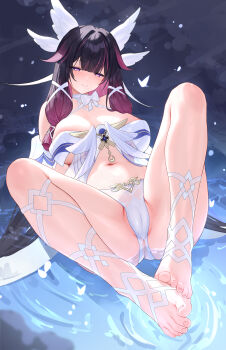 1girl absurdres alternate_breast_size_(larger) barefoot bikini black_hair breasts cameltoe cleavage columbina_(genshin_impact) commentary english_commentary feet genshin_impact hair_wings highres large_breasts long_hair looking_at_viewer navel night ningri_(lianyungangwyz) paid_reward_available purple_eyes purple_hair smile solo stomach swimsuit toes very_long_hair white_bikini white_wings wings