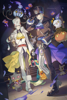 2boys :d ? ascot ayasyacyo banette black_boots black_gloves black_hat black_suit boots bucket candle candy chandelier chandelure claws closed_eyes coat collared_shirt dark_background doll eel eelektross emmet_(pokemon) emmet_(sygna_suit)_(pokemon) fangs fins fire fish food formal_clothes frilled_coat frilled_sleeves frills gen_3_pokemon gen_5_pokemon gen_6_pokemon gen_7_pokemon gloves grey_eyes grey_hair grin halloween_bucket hand_on_own_hat hat hat_tip head_fins highres holding holding_bucket holding_candy holding_food holding_lantern ingo_(pokemon) ingo_(sygna_suit)_(pokemon) jack-o&#039;-lantern lantern litwick mimikyu multiple_boys nintendo open_mouth pokemon pokemon_(creature) pokemon_bw pokemon_masters_ex pumpkaboo pumpkin purple_ascot purple_fire red_eyes shirt shuppet sideburns smile suit tail tynamo white_boots white_gloves white_hat white_suit wrapped_candy yellow_ascot yellow_eyes zipper